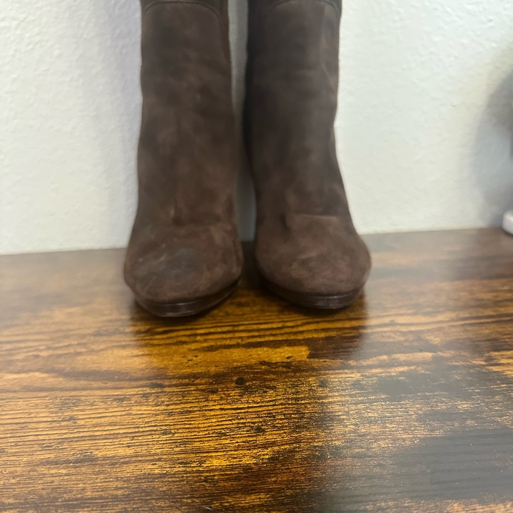 Cole Haan Dark Brown Suede Knee-High Heeled Boots with Gold Buckle - Picture 3 of 16